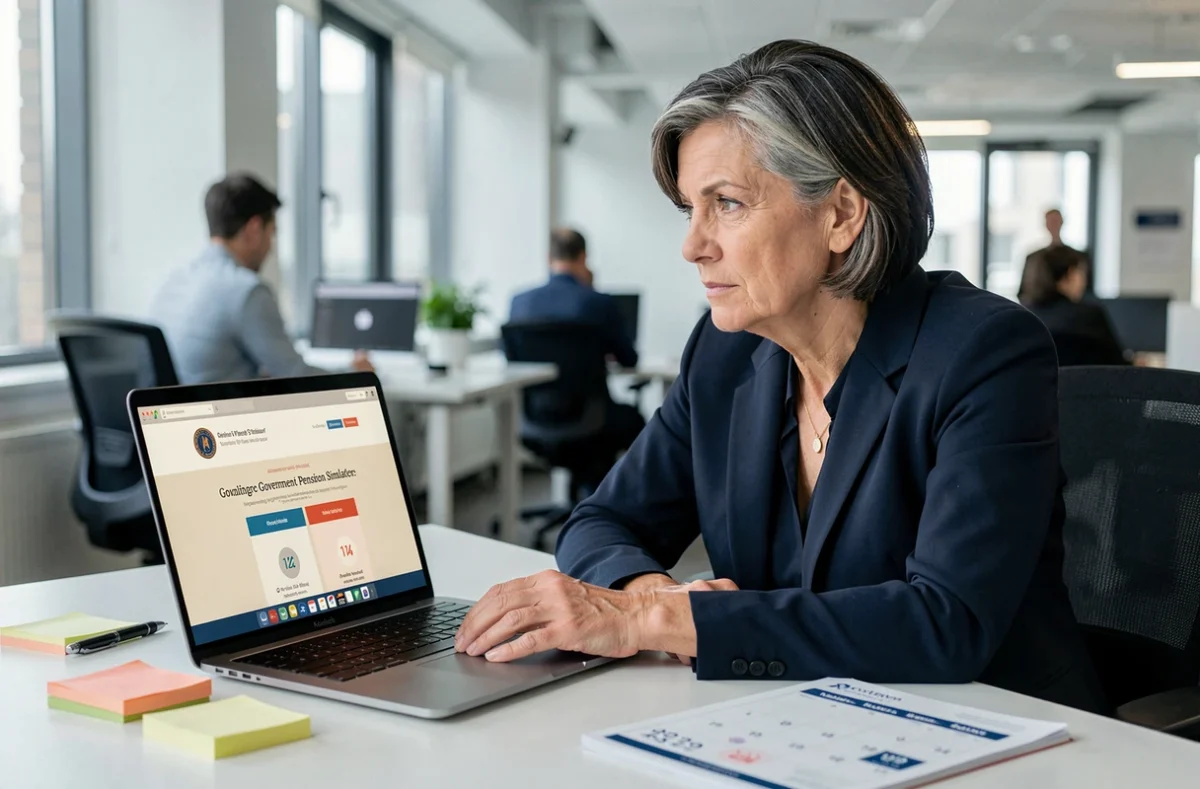 Une femme cadre proche de la retraite consulte un simulateur de trimestres sur son ordinateur au bureau