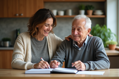 Femme souriante aidant un homme âgé à la maison