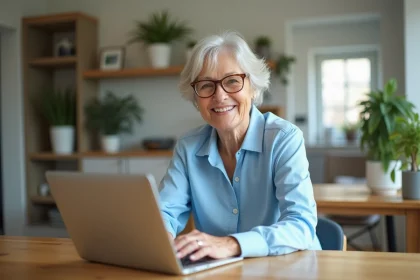 Femme souriante de 50 ans utilisant un ordinateur dans la cuisine