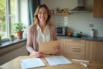 Femme souriante tenant une enveloppe près d'une table de cuisine