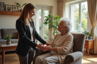 Femme en blazer soutenant sa mère âgée dans un salon chaleureux