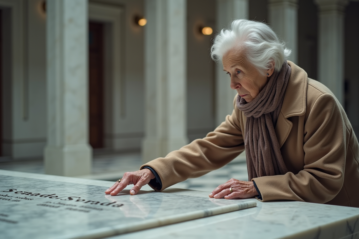Femme âgée touche plaque dans mausolée