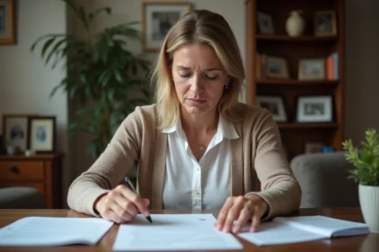 Femme d'âge moyen triant des papiers dans un intérieur domestique