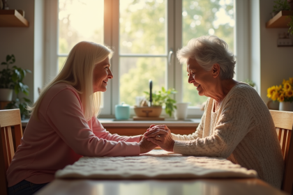 Fille adulte tenant la main de sa mère âgée à la maison