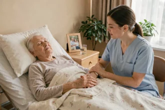 Aide-soignante tenant la main d'une résidente âgée en fin de vie dans une chambre d'Ehpad