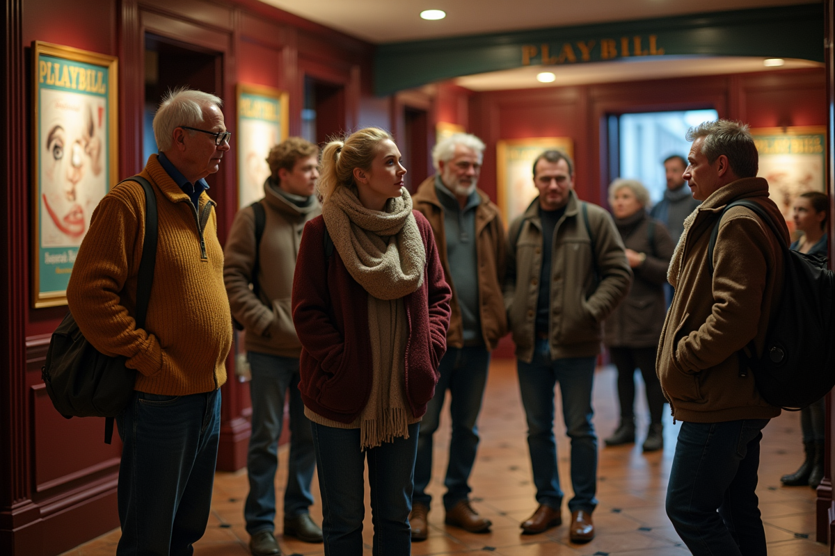 Groupe divers d adultes discutant dans le foyer théâtre