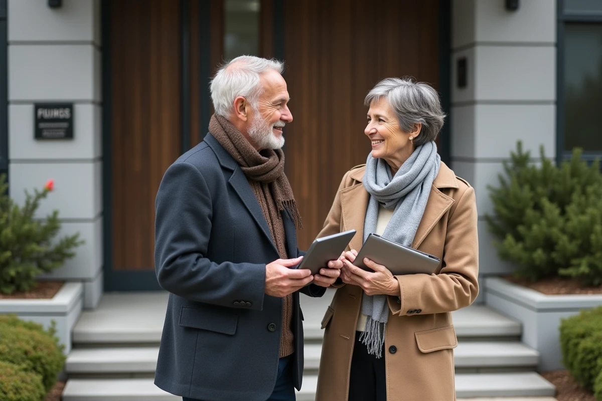 Deux frères discutant devant une maison de retraite moderne