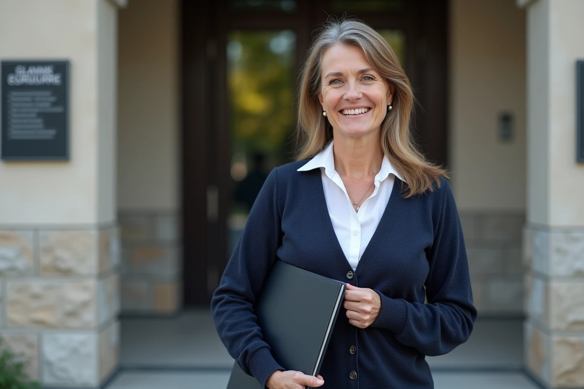 Femme gendarme souriante devant bâtiment administratif