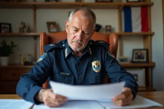 Gendarme retraité examinant des documents chez lui