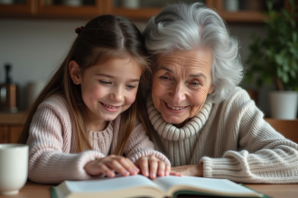 Une grand-mère souriante avec une petite fille lisant ensemble