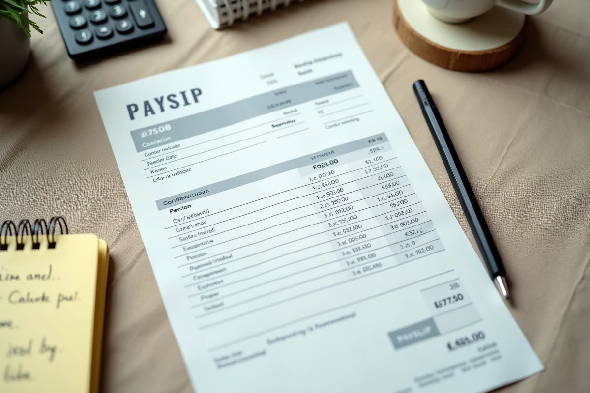 Gros plan d'un bulletin de paie d'agent de maîtrise posé sur une table avec calculatrice et notes manuscrites sur la retraite