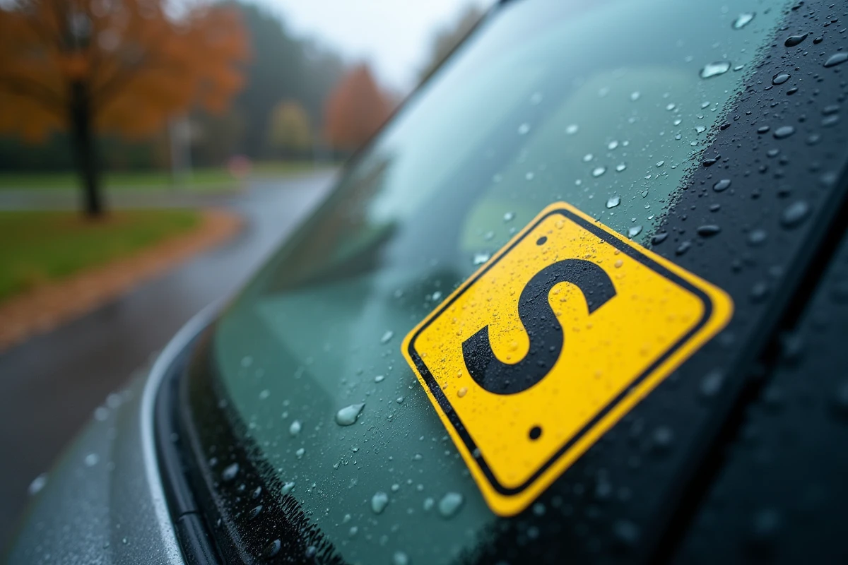 Gros plan sur le macaron S obligatoire collé sur la vitre arrière d'un véhicule par temps de pluie en automne