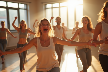 Groupe de personnes dansant dans un studio lumineux