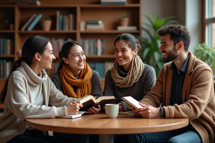 Quatre adultes lisant et discutant dans une bibliothèque chaleureuse