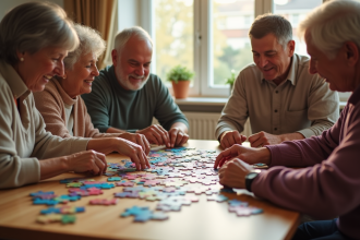 Groupe de personnes assemble un puzzle dans un salon lumineux