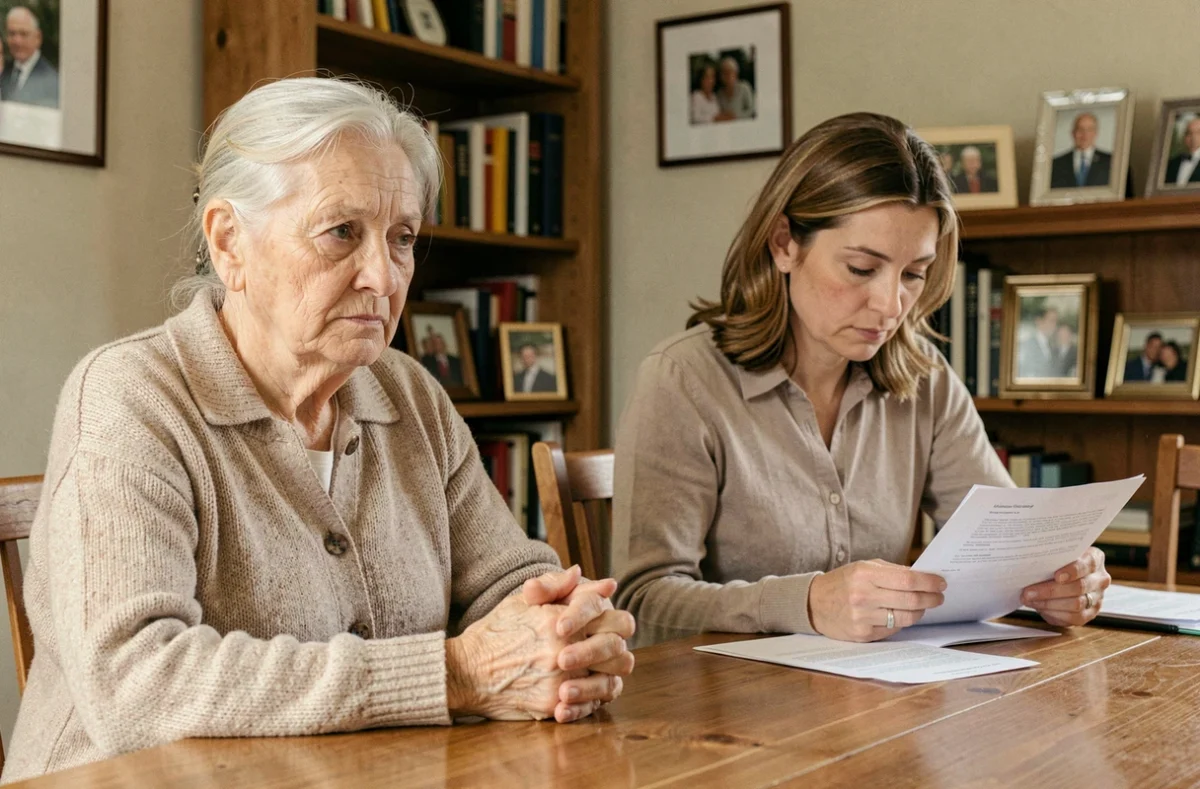 Femme âgée et sa fille examinant des documents légaux liés à une habilitation familiale à domicile