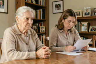 Femme âgée et sa fille examinant des documents légaux liés à une habilitation familiale à domicile