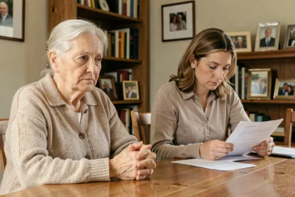 Femme âgée et sa fille examinant des documents légaux liés à une habilitation familiale à domicile