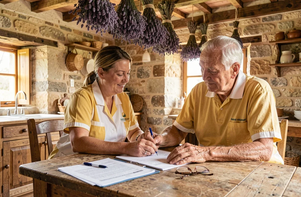 Une auxiliaire de vie Hérault Aînés Services accompagne un homme âgé dans ses démarches administratives dans une cuisine rustique d'un village de l'Hérault.