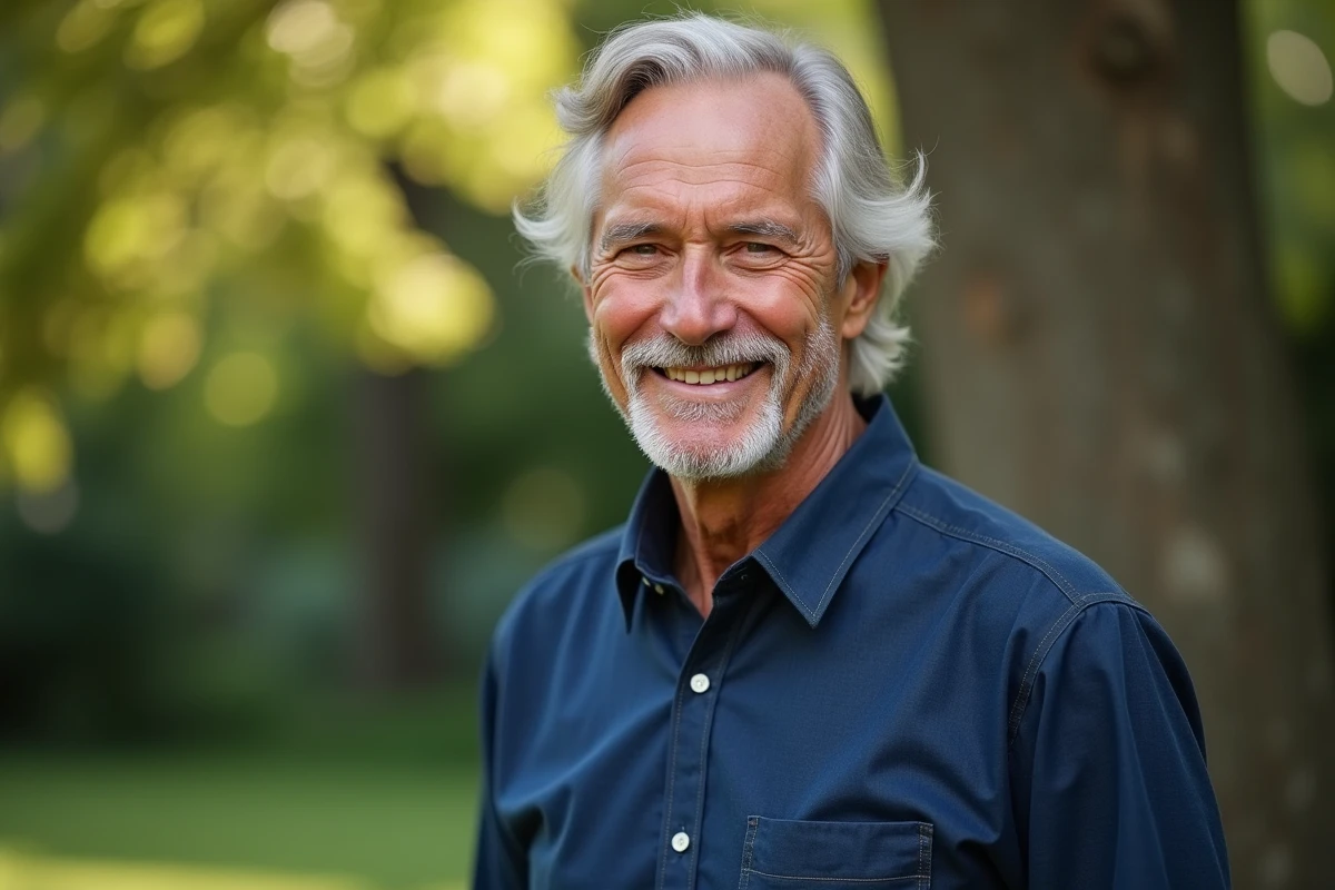 Homme de 70 ans souriant dans un jardin, portrait émouvant pour anniversaire