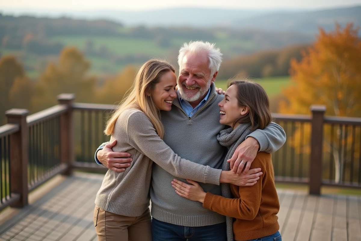 Homme de 70 ans entouré de sa famille sur une terrasse en bois, célébration d'anniversaire en plein air