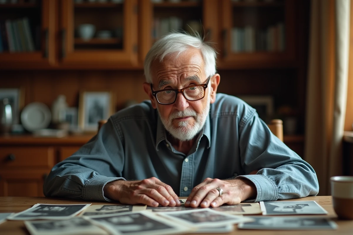 Homme de 70 ans regardant des photos de famille à table, moment de nostalgie et de souvenir