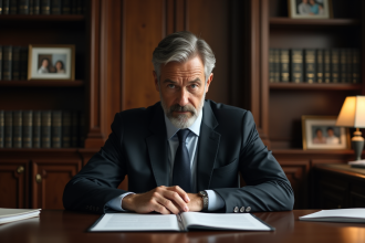 Homme d'affaires en costume noir regardant des papiers