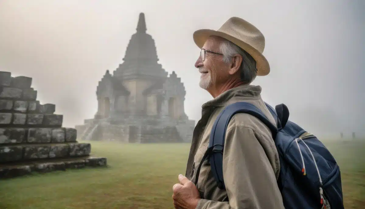 homme âgé avec un sac à dos