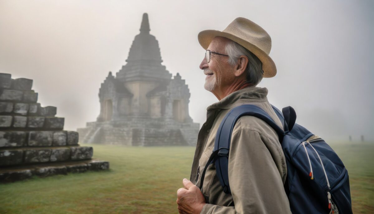 homme âgé avec un sac à dos
