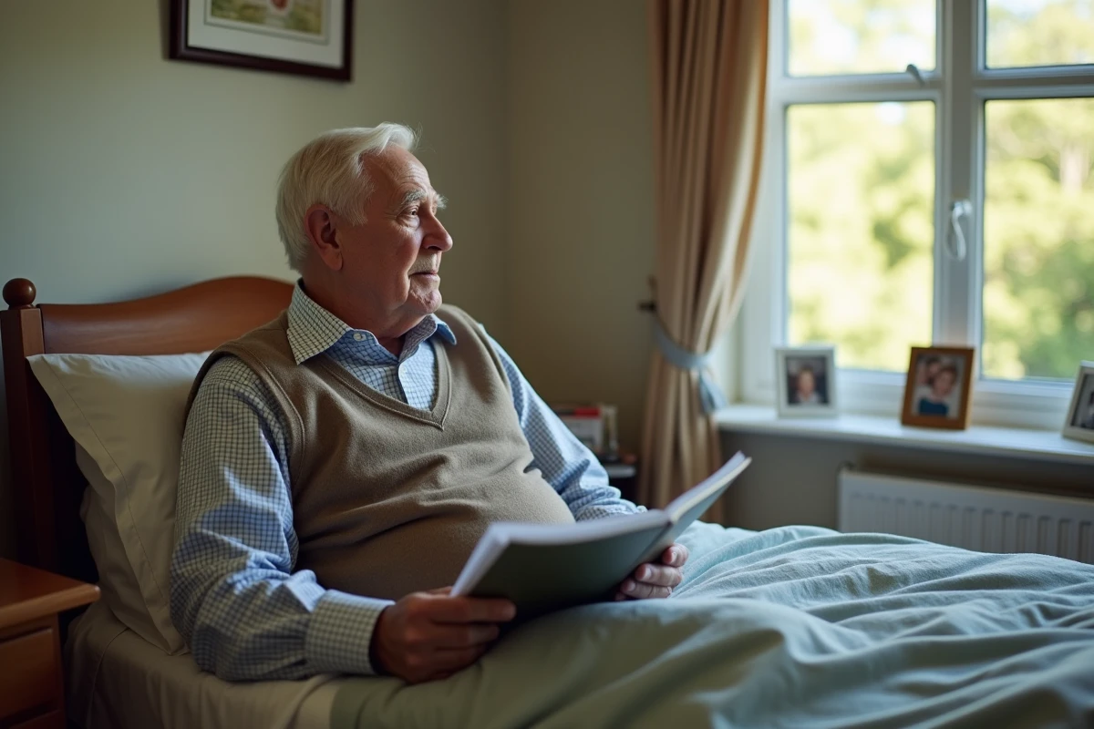 Homme âgé regardant par la fenêtre dans sa chambre