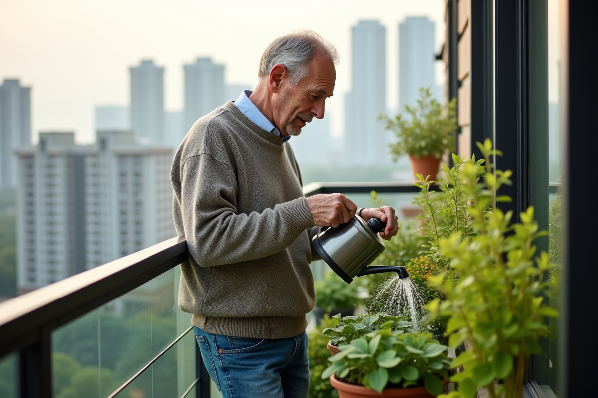 Homme arrosant ses plantes sur un balcon en ville