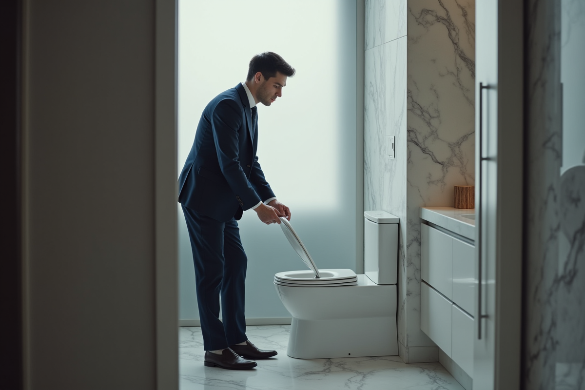 Jeune homme inspectant un siège de toilette high-tech dans une salle de bain