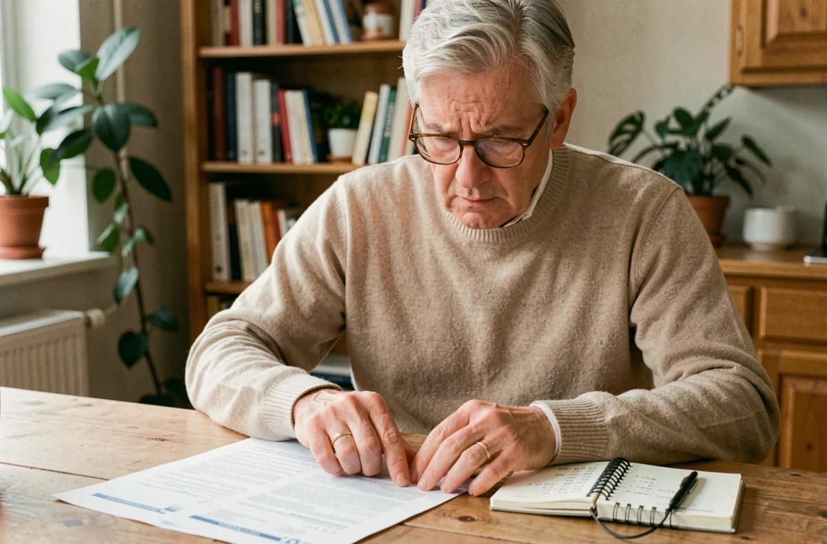Un homme de 60 ans examine ses relevés de retraite et calcule ses trimestres manquants à sa table de cuisine