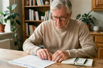 Un homme de 60 ans examine ses relevés de retraite et calcule ses trimestres manquants à sa table de cuisine