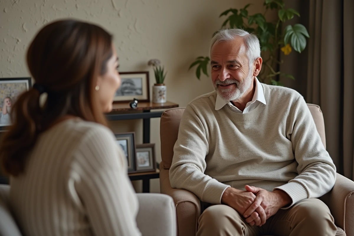 Homme d age moyen parle chaleureusement avec une femme dans le salon