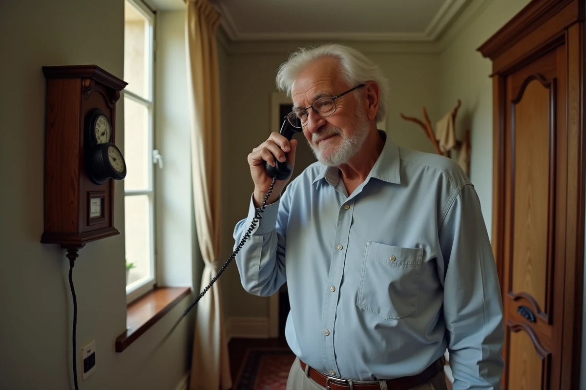 Homme âgé utilisant un téléphone vintage dans un couloir français
