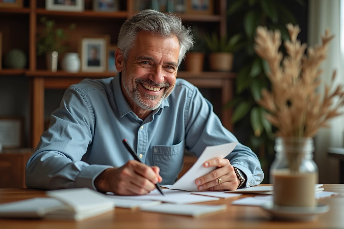 Homme écrivant une carte de vœux dans une ambiance chaleureuse