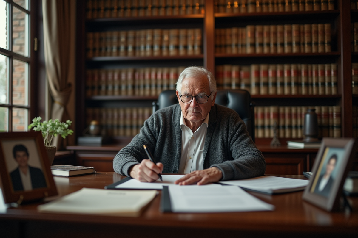 Homme âgé signant des documents dans un bureau juridique