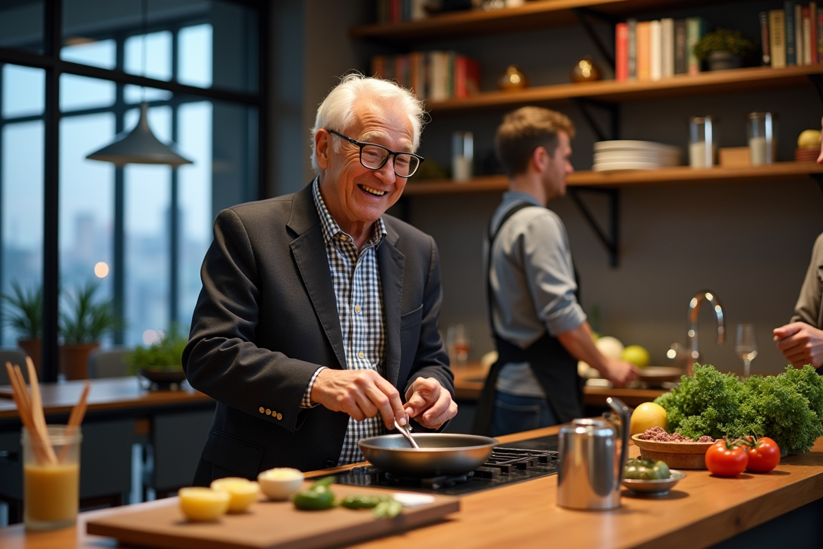 Homme âgé en cuisine participant à un atelier culinaire
