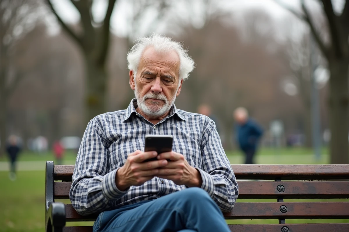 Homme âgé regardant son smartphone dans un parc urbain