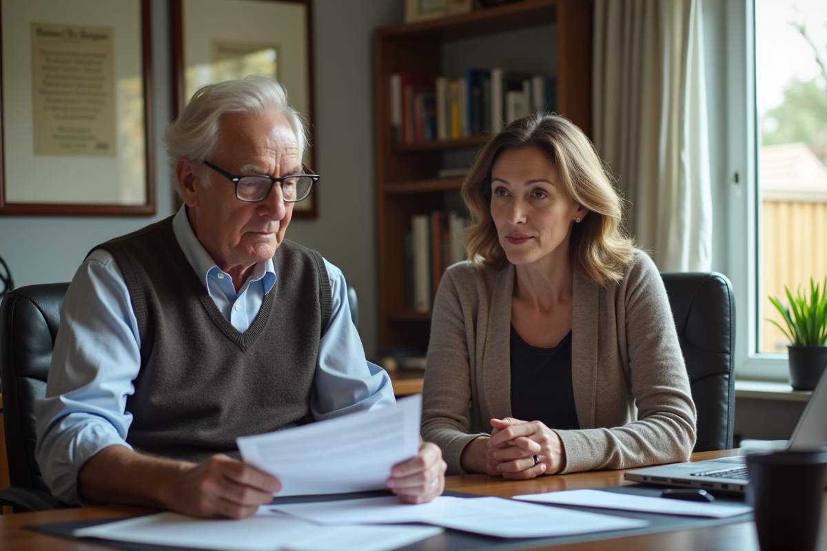 Homme âgé expliquant des papiers à une femme dans un bureau