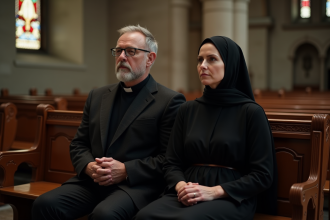 Homme et femme priant dans une église en bois sombre