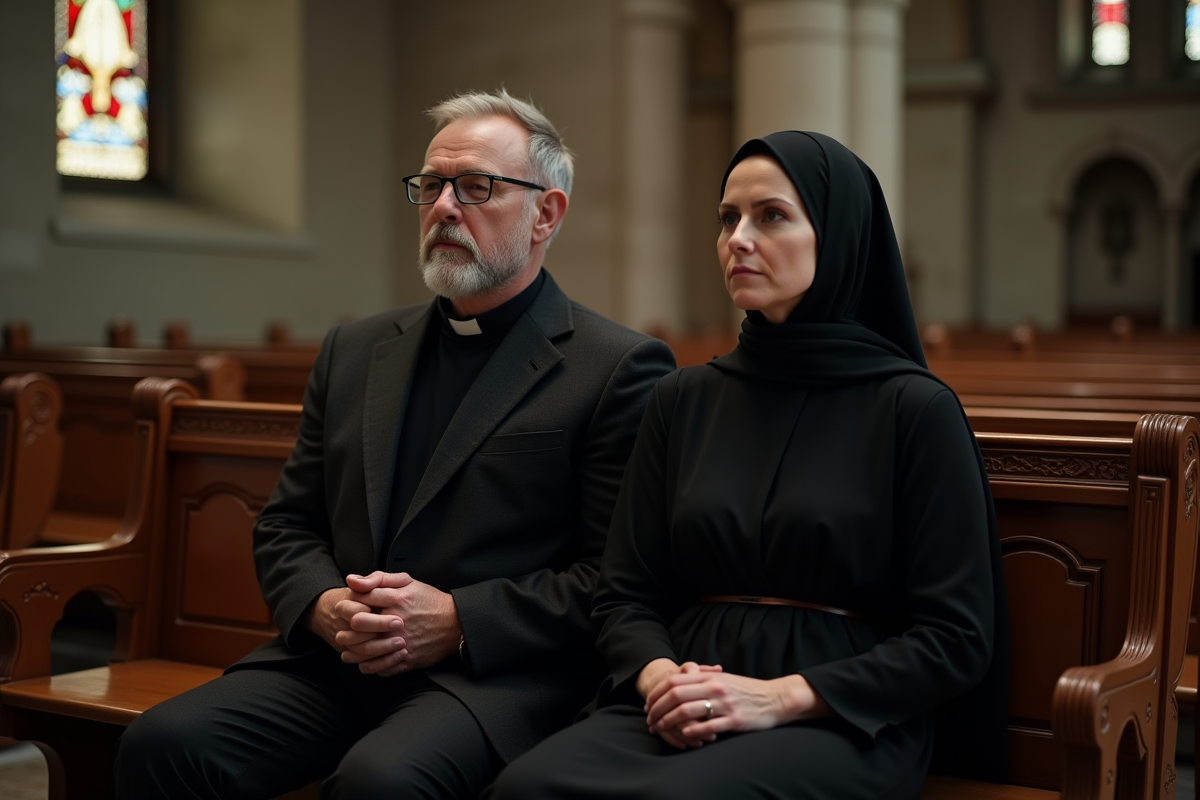 Homme et femme priant dans une église en bois sombre