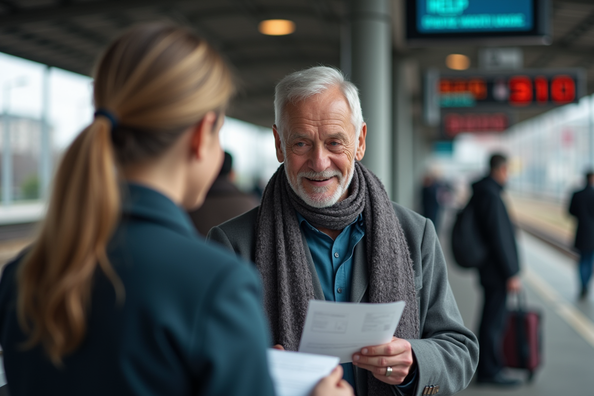 Homme âgé remettant ses papiers à un agent à la gare