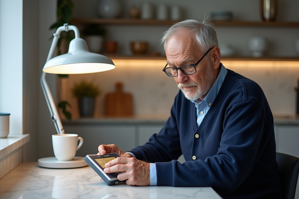 Homme âgé utilisant un wattmètre près d une lampe dans la cuisine