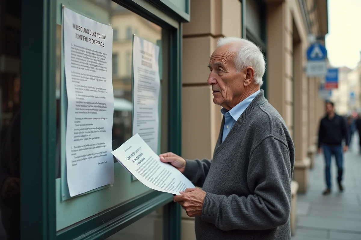 Homme âgé lisant une affiche devant un bureau de pension