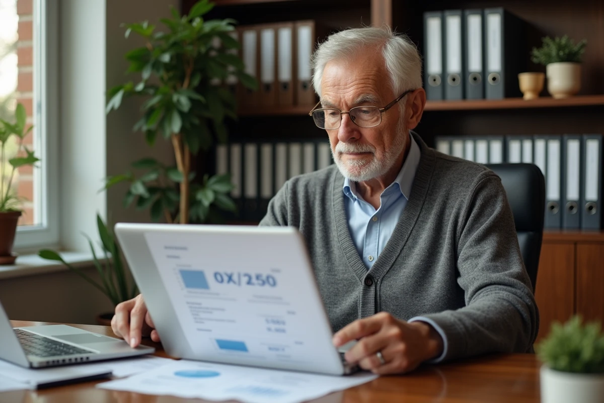 Homme âgé étudiant un relevé de retraite dans un bureau lumineux