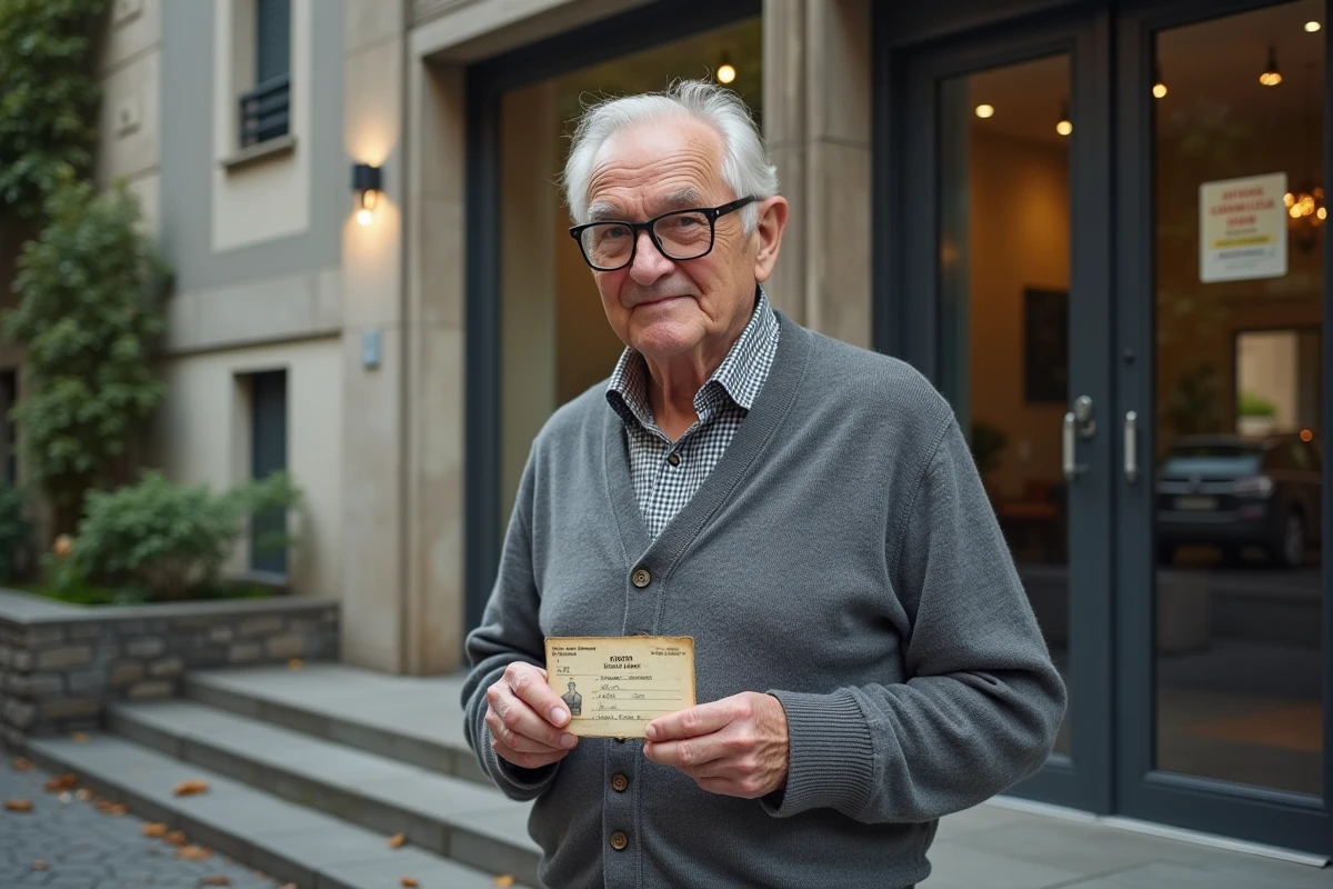 Homme âgé tenant son permis de conduire devant la mairie