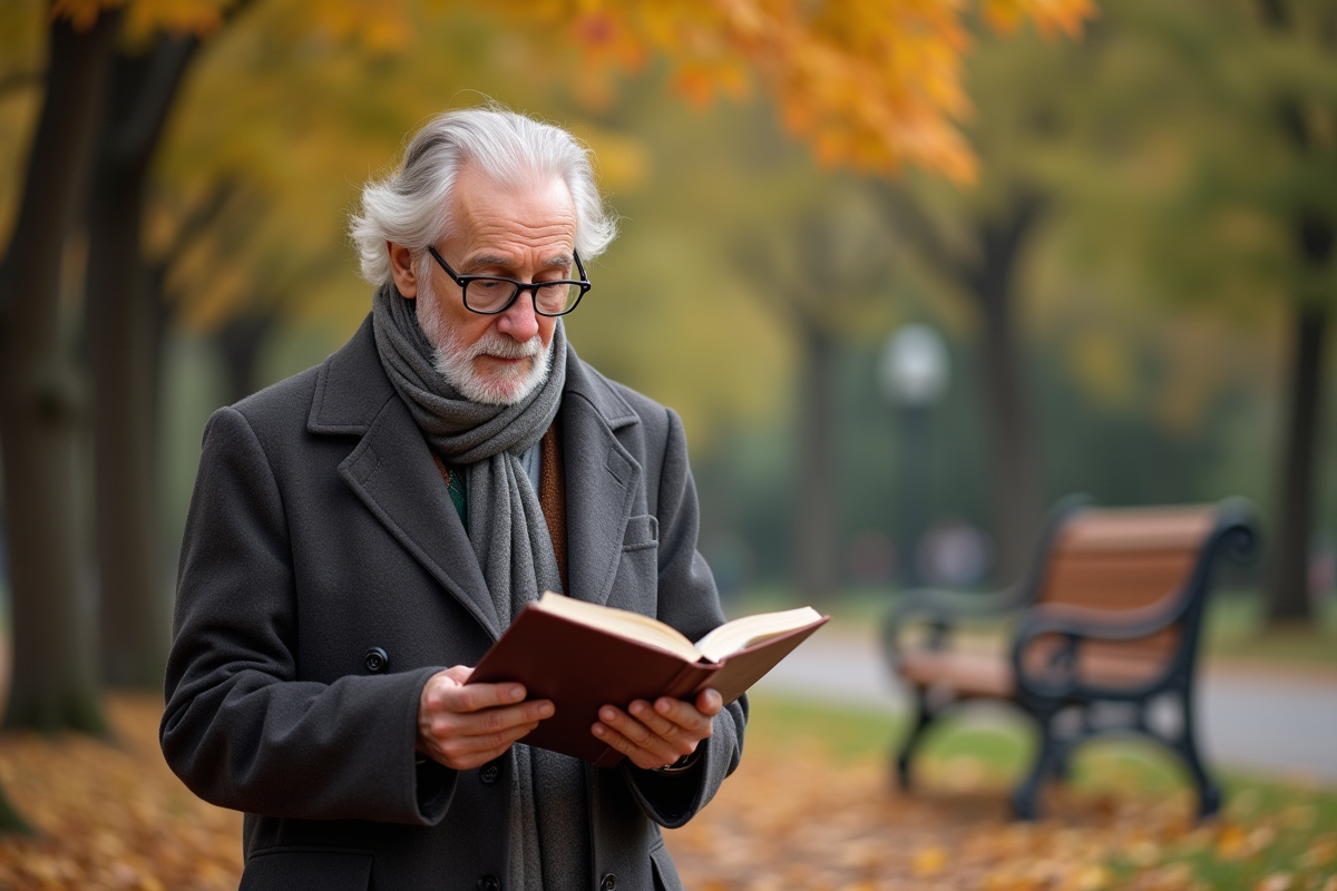 Homme âgé lisant dans un parc automnal paisible