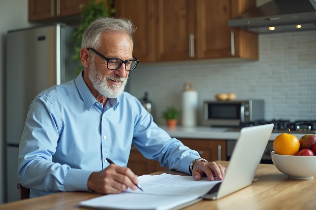 Homme mature préparant sa lettre de retraite sur son ordinateur